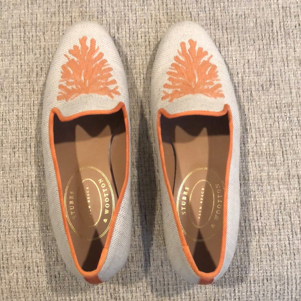 Stubbs & Wootton Cream Canvas Loafers with Orange Embroidery